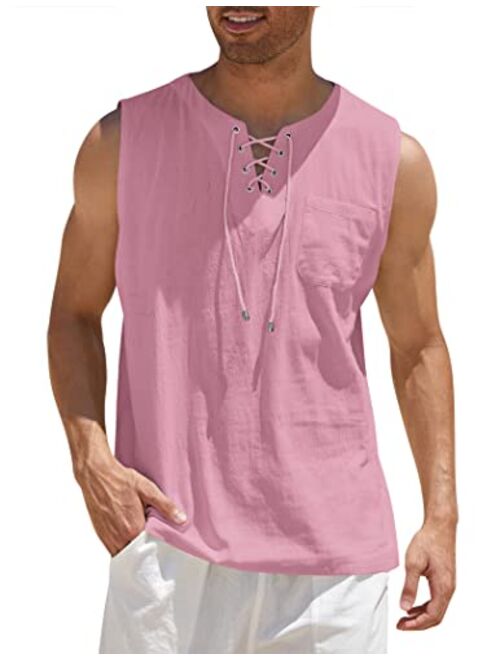 COOFANDY Men's Cotton Linen Tank Top Shirts Casual Sleeveless Lace Up Beach Hippie Tops Bohemian Renaissance Pirate Tunic