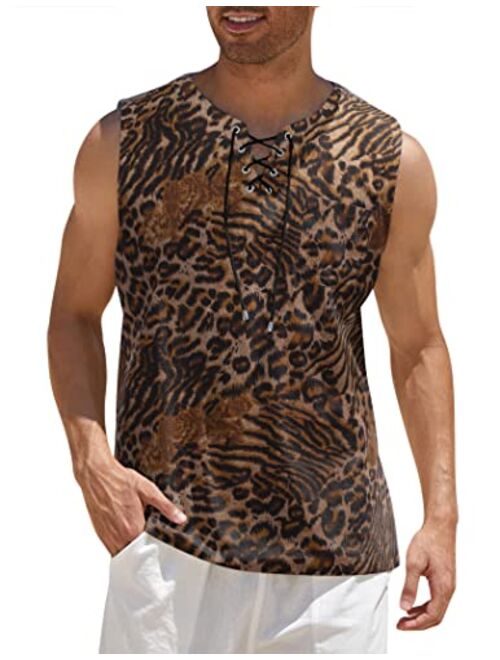 COOFANDY Men's Cotton Linen Tank Top Shirts Casual Sleeveless Lace Up Beach Hippie Tops Bohemian Renaissance Pirate Tunic