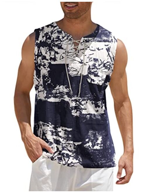 COOFANDY Men's Cotton Linen Tank Top Shirts Casual Sleeveless Lace Up Beach Hippie Tops Bohemian Renaissance Pirate Tunic