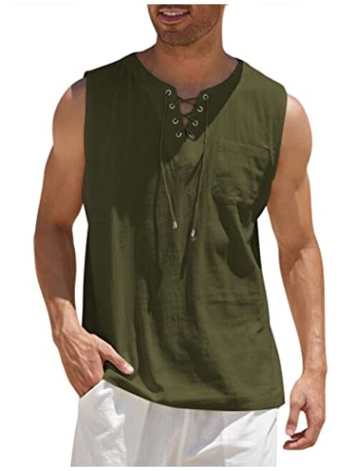 COOFANDY Men's Cotton Linen Tank Top Shirts Casual Sleeveless Lace Up Beach Hippie Tops Bohemian Renaissance Pirate Tunic