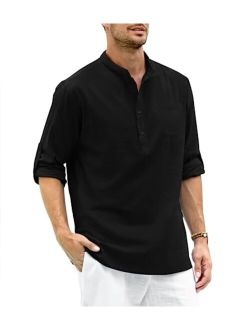 Gafeng Mens Cotton Linen Henley Shirt Longline Button Up Long Sleeve Casual Hippie Beach T Shirts with Pocket