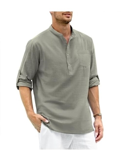 Gafeng Mens Cotton Linen Henley Shirt Longline Button Up Long Sleeve Casual Hippie Beach T Shirts with Pocket