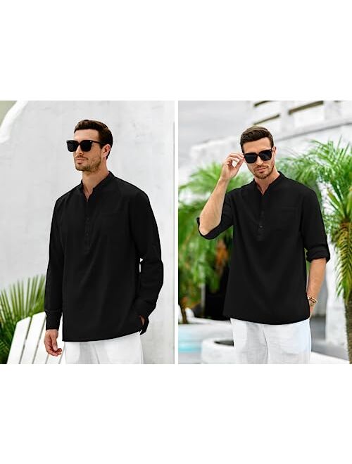 Gafeng Mens Cotton Linen Henley Shirt Longline Button Up Long Sleeve Casual Hippie Beach T Shirts with Pocket