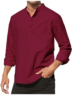 Men's Cotton Linen Henley Shirt Long Sleeve Hippie Shirts Casual Beach T-Shirt