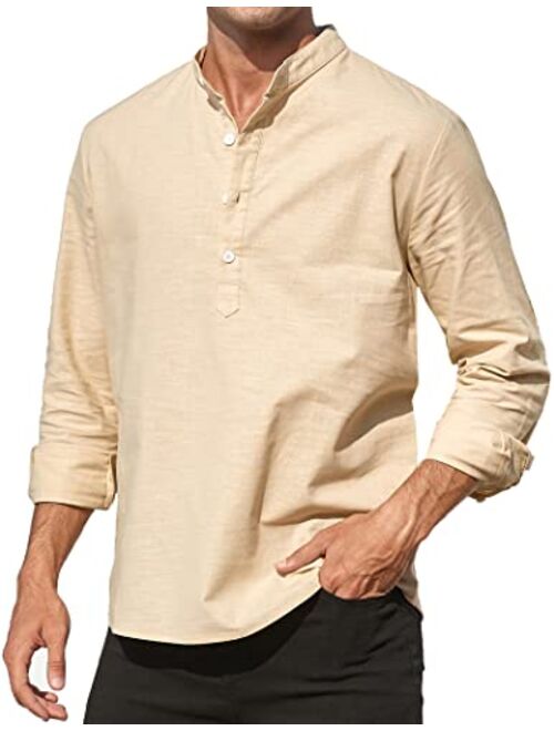 ZAFUL Men's Cotton Linen Henley Shirt Long Sleeve Hippie Shirts Casual Beach T-Shirt