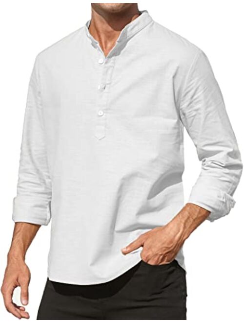 ZAFUL Men's Cotton Linen Henley Shirt Long Sleeve Hippie Shirts Casual Beach T-Shirt