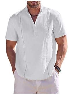 Men's Cotton Linen Henley Shirt Short Sleeve Cuban Guayabera Shirt Hippie Casual Beach Band Collar T Shirts