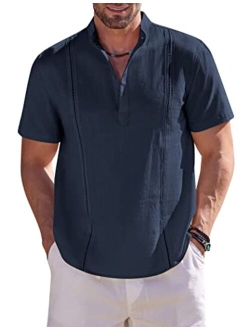 Men's Cotton Linen Henley Shirt Short Sleeve Cuban Guayabera Shirt Hippie Casual Beach Band Collar T Shirts