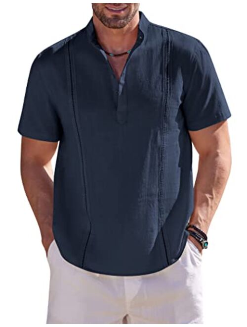 COOFANDY Men's Cotton Linen Henley Shirt Short Sleeve Cuban Guayabera Shirt Hippie Casual Beach Band Collar T Shirts