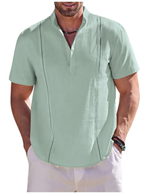 COOFANDY Men's Cotton Linen Henley Shirt Short Sleeve Cuban Guayabera Shirt Hippie Casual Beach Band Collar T Shirts