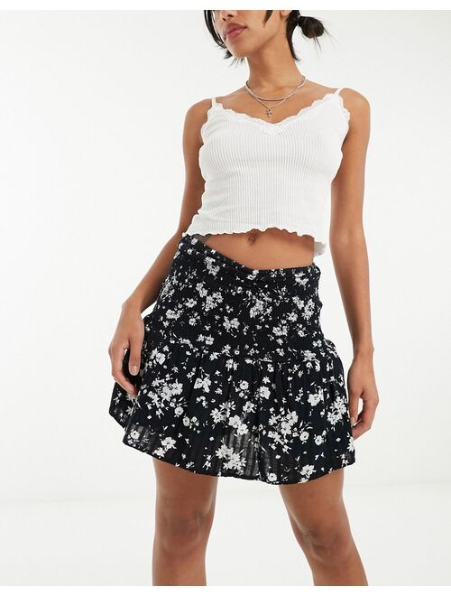 Bershka shirred mini rara skirt in black floral