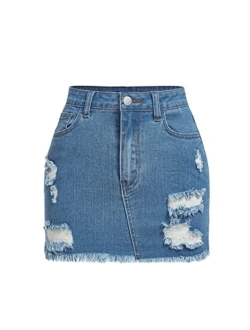 Girl's Ripped Distressed Raw Trim High Waist Short Denim Skirt