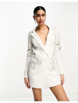 plunge neck silver embellished sequin blazer mini dress in white