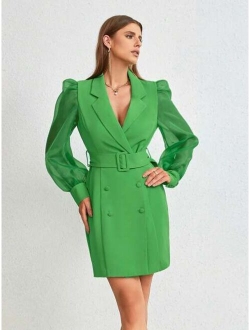 D&M D M Double Button Buckle Belted Blazer Dress