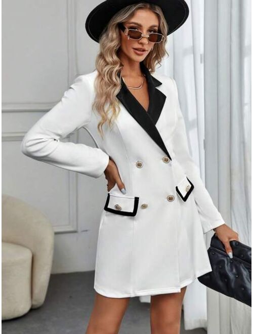 SHEIN Essnce Contrast Trim Double Breasted Flap Detail Blazer Dress