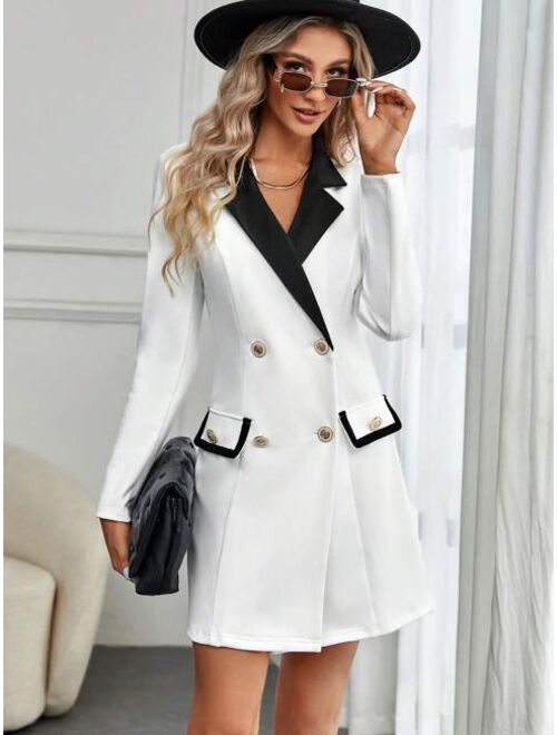 SHEIN Essnce Contrast Trim Double Breasted Flap Detail Blazer Dress