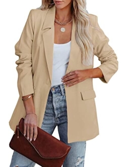 Women's Casual Blazers Long Sleeve Open Front Button Work Office Blazer Jackets with Pockets