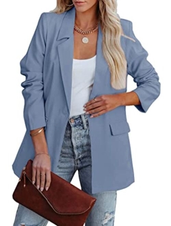 Women's Casual Blazers Long Sleeve Open Front Button Work Office Blazer Jackets with Pockets