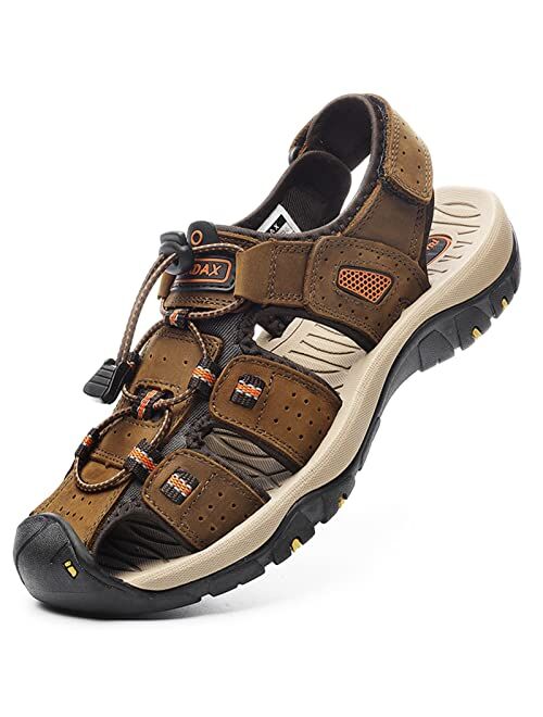 RUMDAX Men's Sport Sandals Outdoor Hiking Sandals Closed Toe Leather Athletic Trail Walking Casual Sandals Water Shoes