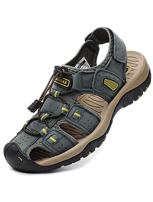 RUMDAX Men's Sport Sandals Outdoor Hiking Sandals Closed Toe Leather Athletic Trail Walking Casual Sandals Water Shoes