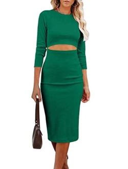 Women's Long Sleeve Midi Bodycon Dresses Casual Crewneck Cut Out Solid Color Fitted Pencil Dress