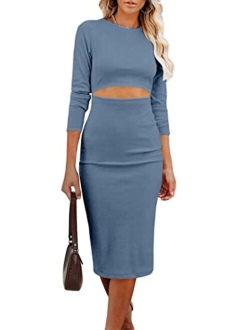 Women's Long Sleeve Midi Bodycon Dresses Casual Crewneck Cut Out Solid Color Fitted Pencil Dress