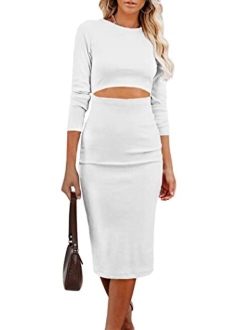 Women's Long Sleeve Midi Bodycon Dresses Casual Crewneck Cut Out Solid Color Fitted Pencil Dress