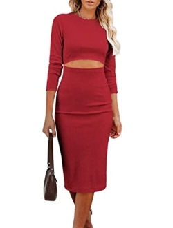 Women's Long Sleeve Midi Bodycon Dresses Casual Crewneck Cut Out Solid Color Fitted Pencil Dress