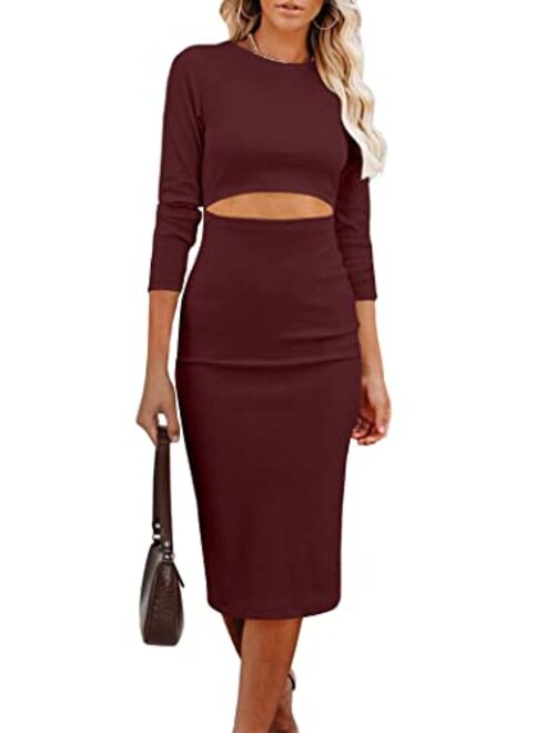 PRETTYGARDEN Women's Long Sleeve Midi Bodycon Dresses Casual Crewneck Cut Out Solid Color Fitted Pencil Dress