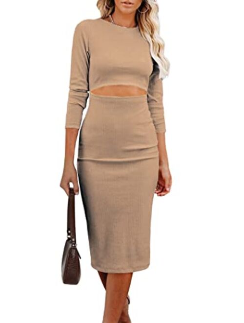 PRETTYGARDEN Women's Long Sleeve Midi Bodycon Dresses Casual Crewneck Cut Out Solid Color Fitted Pencil Dress