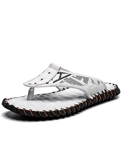 COSIDRAM Men's Leather Sandals Summer Fashion Luxury Flip Flops Casual Slippers Flat Beach Shoes for Adult Indoor Outdoor Comfort