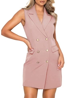 Women Elegant V Neck Sleeveless Blazer Dress Casual Work Office Double Breasted Blazer Dresses with Pockets