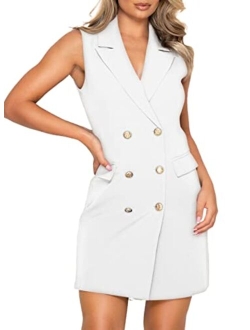 Women Elegant V Neck Sleeveless Blazer Dress Casual Work Office Double Breasted Blazer Dresses with Pockets