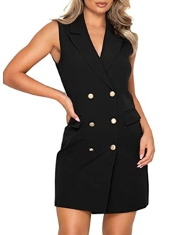 Women Elegant V Neck Sleeveless Blazer Dress Casual Work Office Double Breasted Blazer Dresses with Pockets