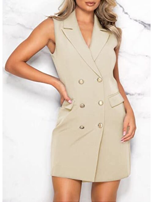 Asvivid Women Elegant V Neck Sleeveless Blazer Dress Casual Work Office Double Breasted Blazer Dresses with Pockets