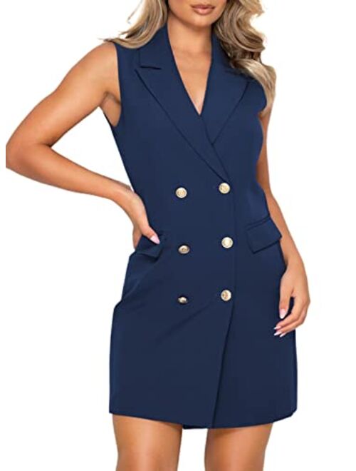 Asvivid Women Elegant V Neck Sleeveless Blazer Dress Casual Work Office Double Breasted Blazer Dresses with Pockets