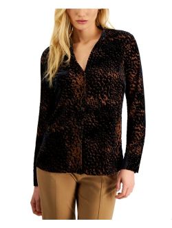 DONNA KARAN Women's Animal-Print Burnout Button Shirt