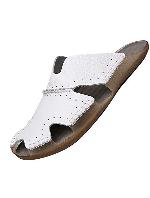 Aliwendy Mens Leather Sandals Casual Slippers Non-Slip Outdoor Slides Fashion Summer Beach Closed Toe Shoes