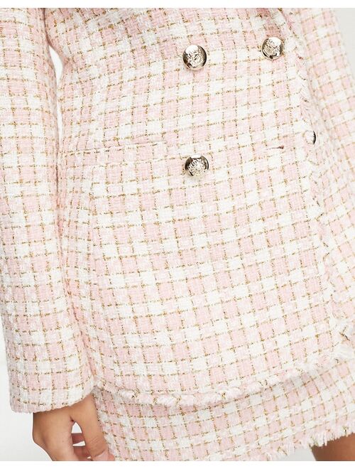 Miss Selfridge oversized military boucle blazer in pink check