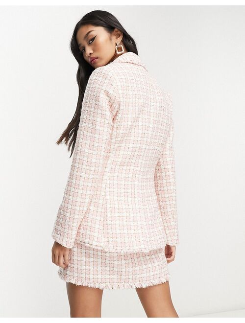 Miss Selfridge oversized military boucle blazer in pink check