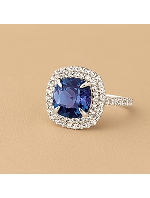 Peora 5.75 Carats Created Alexandrite Lab Grown Diamond Ring in 14K White or Yellow Gold, Color-Changing Cushion Cut, Sizes 4 to 10