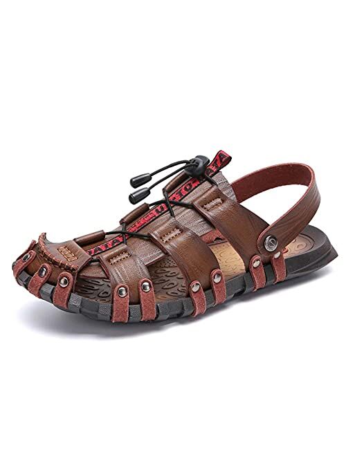 Bitiger Mens Closed Toe Leather Sandals Outdoor Fisherman Sporty Summer Shoes Breathable Loafer Slipper for Hiking Sporting