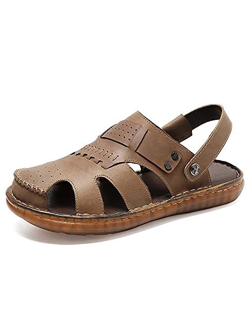 Bitiger Mens Closed Toe Leather Sandals Outdoor Fisherman Sporty Summer Shoes Breathable Loafer Slipper for Hiking Sporting