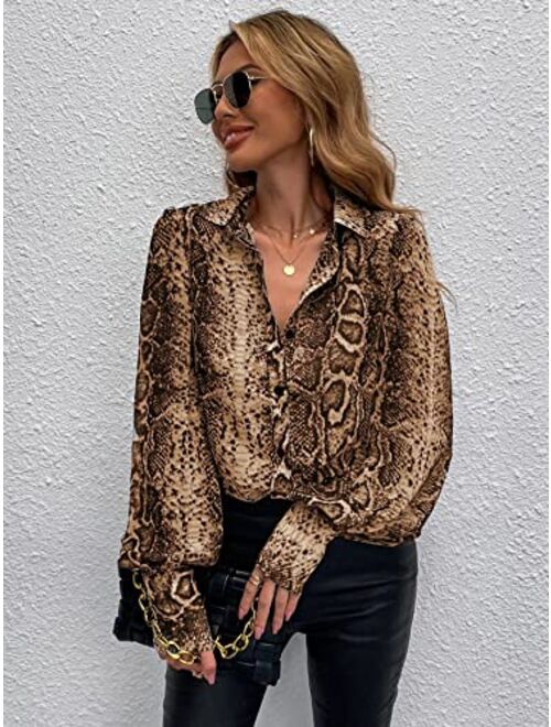 Verdusa Women's Snakeskin Print Bishop Long Sleeve Button Up Shirt Blouse Top