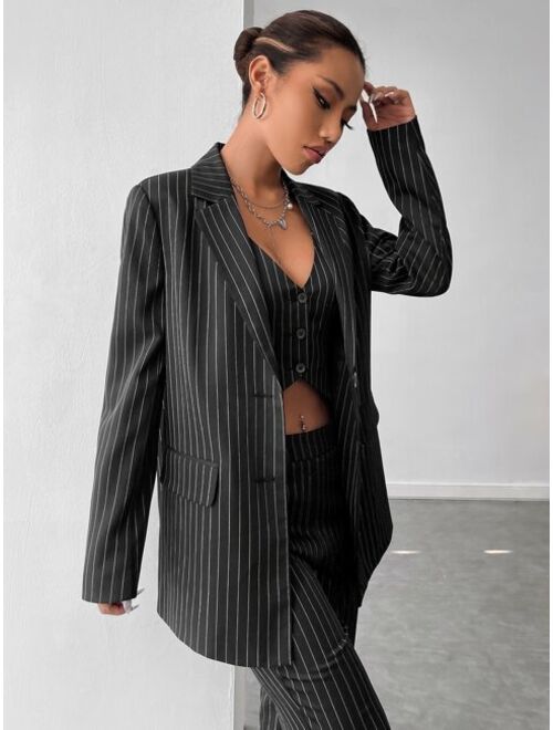 SHEIN BIZwear Striped Print Single Breasted Blazer Workwear