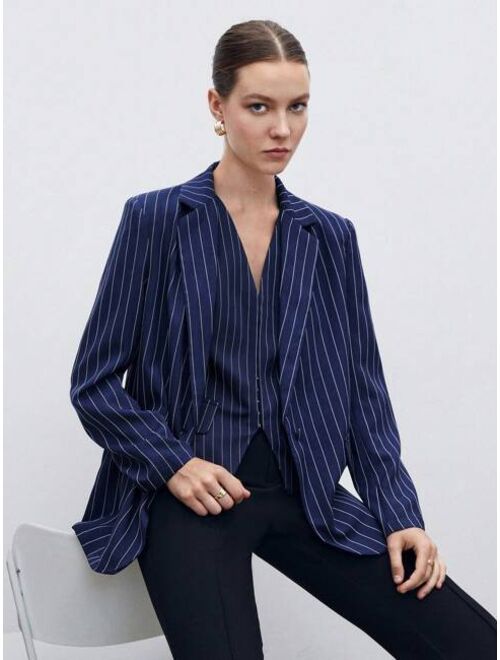 SHEIN BIZwear Striped Print Single Button Blazer Without Vest Workwear