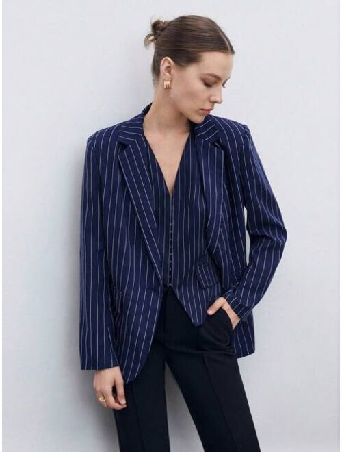 SHEIN BIZwear Striped Print Single Button Blazer Without Vest Workwear