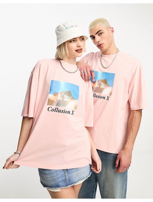 COLLUSION Unisex photographic front print t-shirt in pink