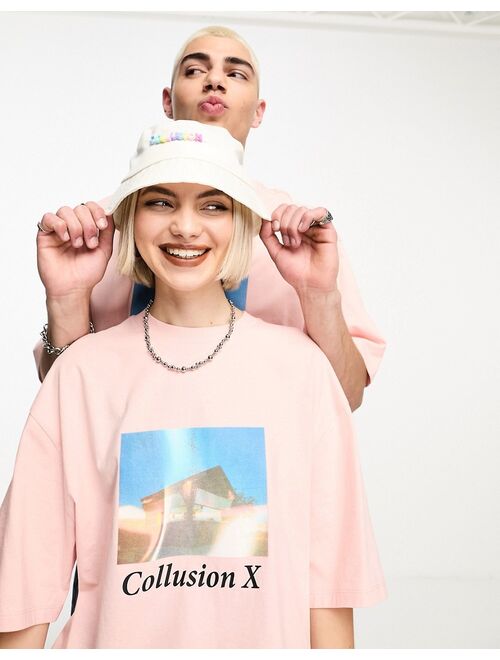 COLLUSION Unisex photographic front print t-shirt in pink