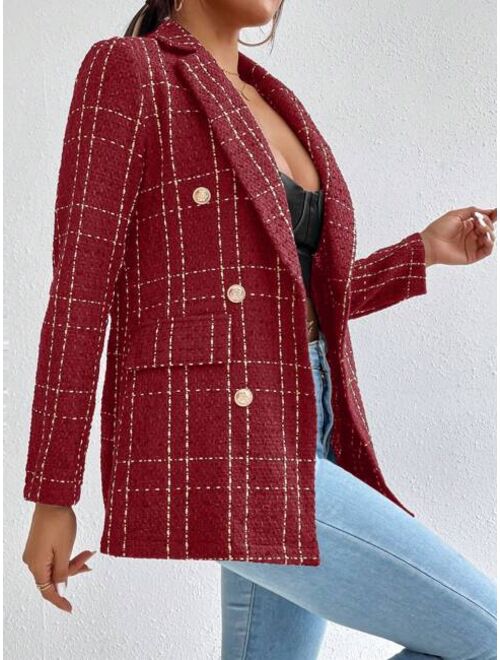 SHEIN Frenchy Plaid Double Breasted Tweed Blazer